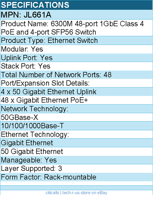 HPE JL661A 6300M 48-port 1GbE Class 4 PoE and 4-port SFP56 Switch - 48 Ports