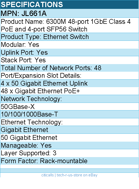 HPE JL661A 6300M 48-port 1GbE Class 4 PoE and 4-port SFP56 Switch - 48 Ports