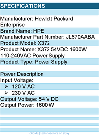 HPE JL670A#ABA X372 54VDC 1600W 110-240VAC Power Supply