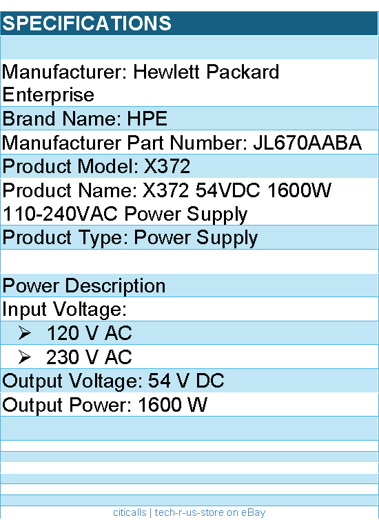 HPE JL670A#ABA X372 54VDC 1600W 110-240VAC Power Supply