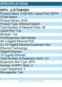 HPE JL675A#ABA 6100 48G Class4 PoE 4SFP+ 370W Ethernet Switch - 48 Ports