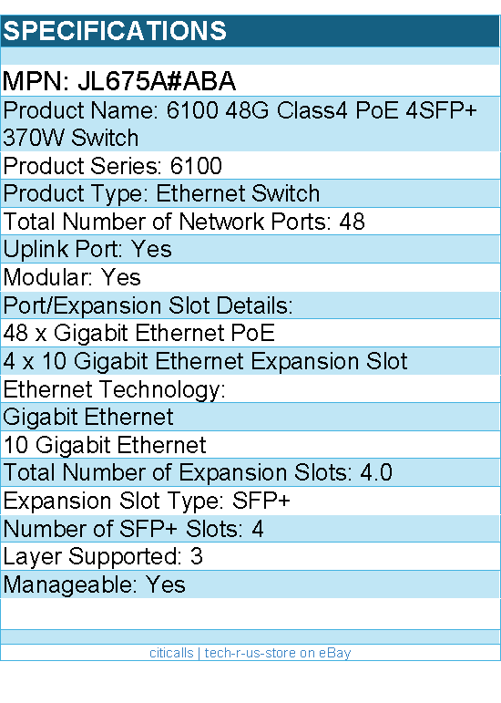 HPE JL675A#ABA 6100 48G Class4 PoE 4SFP+ 370W Ethernet Switch - 48 Ports