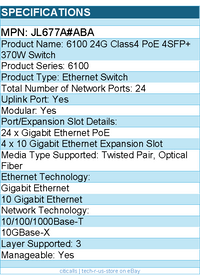 HPE JL677A#ABA 6100 24G Class4 PoE 4SFP+ 370W Switch - 24 Ports - Manageable