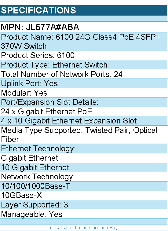 HPE JL677A#ABA 6100 24G Class4 PoE 4SFP+ 370W Switch - 24 Ports - Manageable