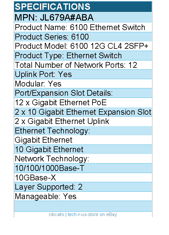 HPE JL679A#ABA 6100 Ethernet Switch - 12 Ports - Manageable - 2 Layer