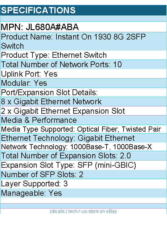 HPE JL680A#ABA Instant On 1930 8G 2SFP Ethernet Switch - 10 Ports - Manageable