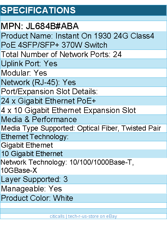 HPE JL684B#ABA Instant On 1930 24G Class4 PoE 4SFP/SFP+ 370W Ethernet Switch