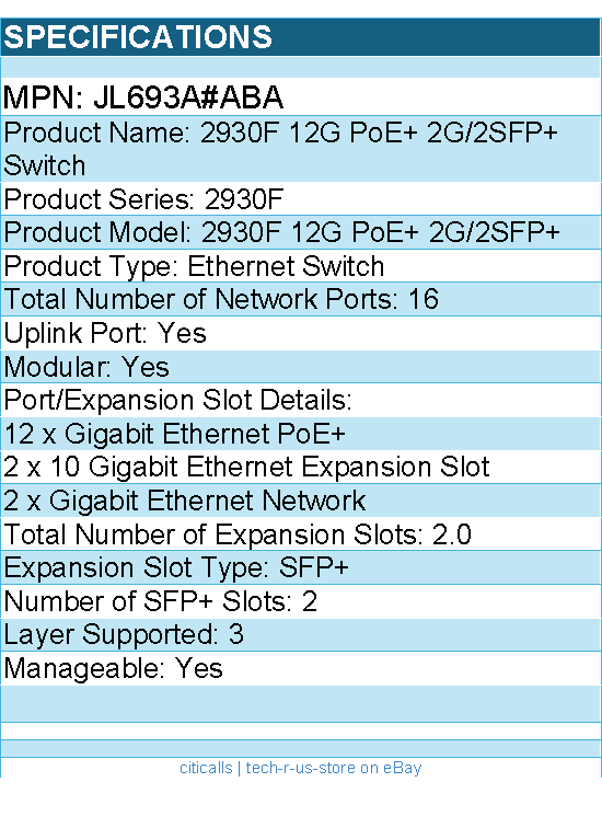 HPE JL693A#ABA 2930F 12G PoE+ 2G/2SFP+ Ethernet Switch - 16 Ports