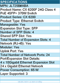 HPE JL725B#ABA CX 6200F 24G Class 4 PoE 4SFP+ 370W Switch - 24 Ports