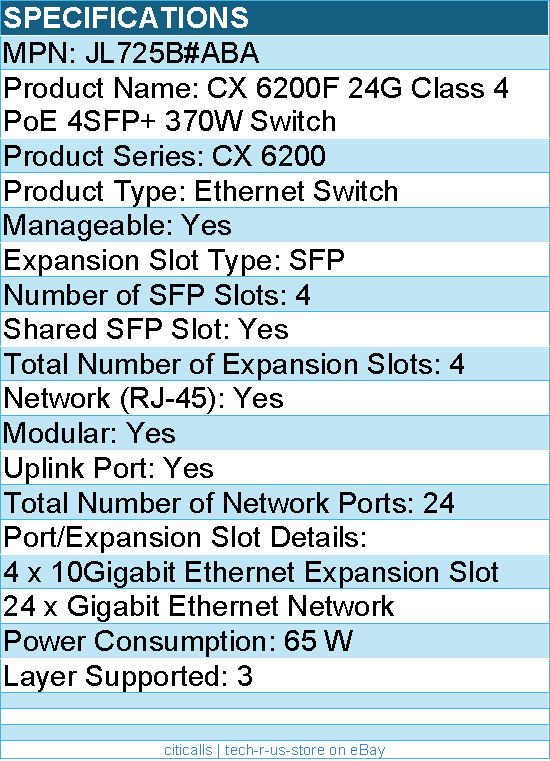 HPE JL725B#ABA CX 6200F 24G Class 4 PoE 4SFP+ 370W Switch - 24 Ports