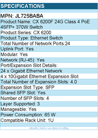 HPE JL725BABA CX 6200F 24G Class 4 PoE 4SFP+ 370W Switch - 24 Ports -Manageable