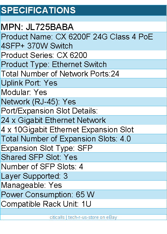 HPE JL725BABA CX 6200F 24G Class 4 PoE 4SFP+ 370W Switch - 24 Ports -Manageable