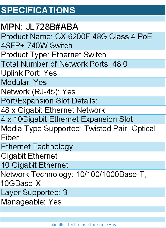 HPE JL728B#ABA Aruba CX 6200F 48G Class 4 PoE 4SFP+ 740W Switch