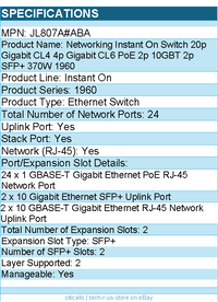 HPE JL807A#ABA Instant On Switch - 20p Gigabit CL4 4p Gigabit CL6 PoE 2p 10GBT