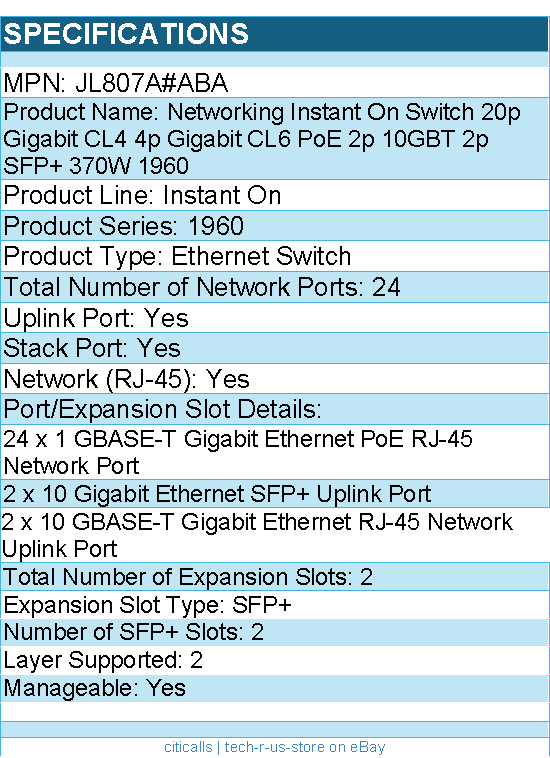 HPE JL807A#ABA Instant On Switch - 20p Gigabit CL4 4p Gigabit CL6 PoE 2p 10GBT