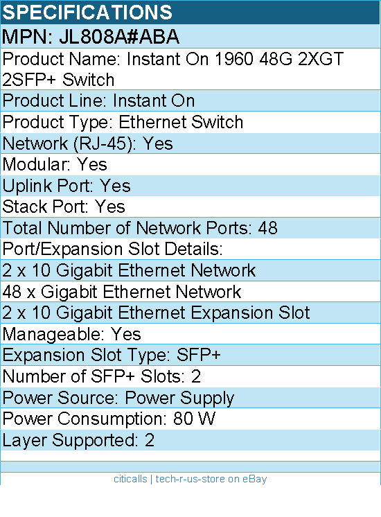 HPE JL808A#ABA Instant On 1960 48G 2XGT 2SFP+ Switch - 48 Ports - 80 W