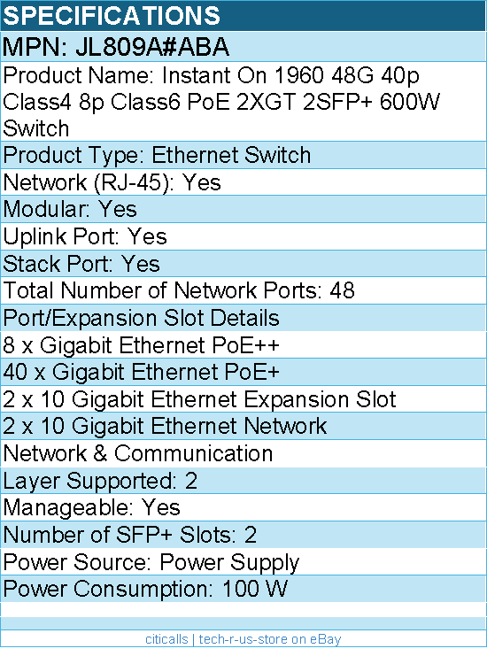HPE JL809A#ABA Instant On 48G 40p Class4 8p Class6 PoE 2XGT 2SFP+ 600W Switch