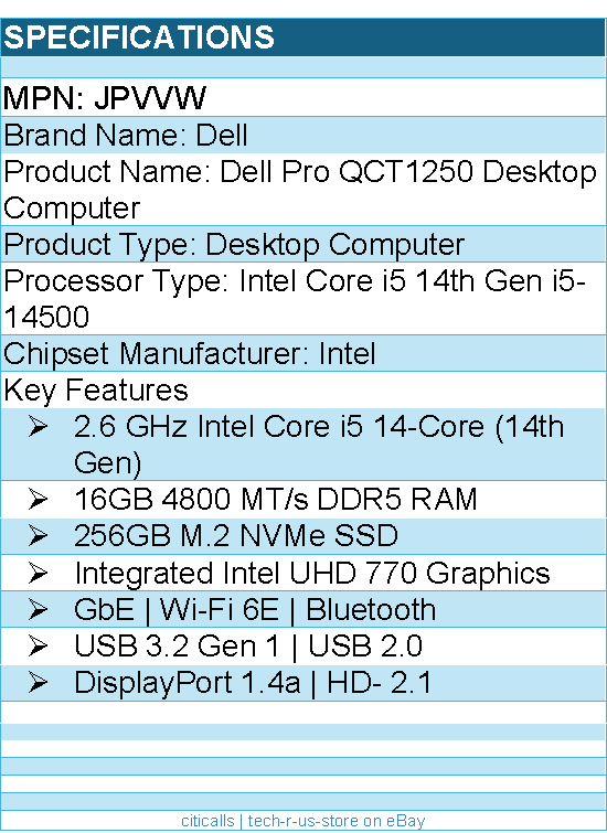Dell JPVVW Pro QCT1250 Desktop Computer - Intel Core i5 14th Gen i5-14500