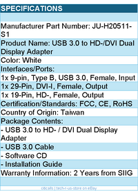 SIIG JU-H20511-S1 USB 3.0 to Video DVI Dual Display Adapter Retail