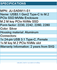 SIIG JU-SA0W11-S1 USB3.1 Gen2 Type-C to M.2 PCIe SSD MVMe Enclosure