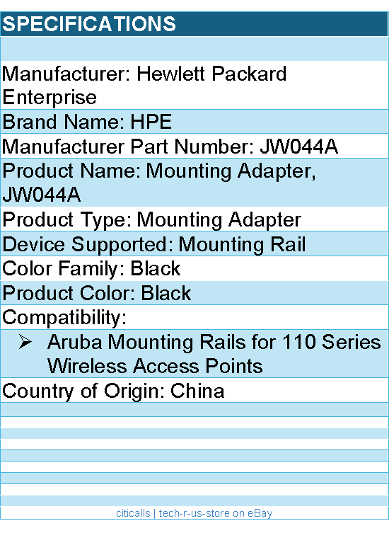 HPE JW044A Mounting Adapter - Aruba Mounting Rails for 110 Series Access Points
