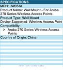 HPE JW053A Wall Mount - For Aruba 270 Series Wireless Access Points