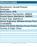 HPE JW053A Wall Mount for Aruba 270 Series Wireless Access Points