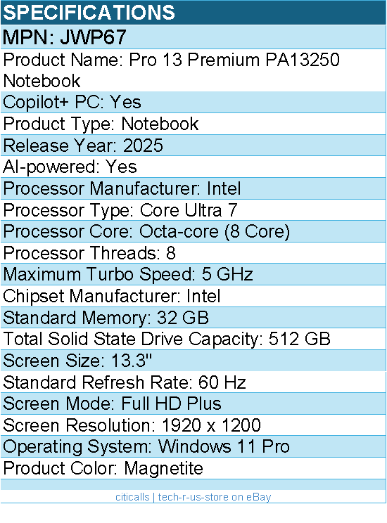 Dell JWP67 Pro 13 Premium PA13250 13.3" Copilot+ PC Notebook - Magnetite
