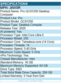Dell JWX5R Pro QCS1250 Desktop Computer - Intel Core Ultra 5 235 - Slim PC