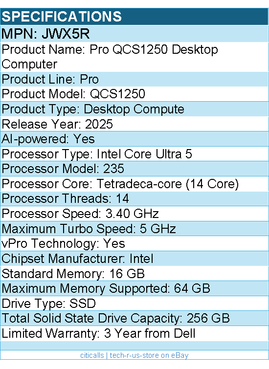 Dell JWX5R Pro QCS1250 Desktop Computer - Intel Core Ultra 5 235 - Slim PC