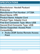 HPE JY728A Adapter Cord For Access Point - Micro USB / USB