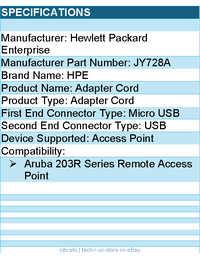 HPE JY728A Adapter Cord For Access Point - Micro USB / USB