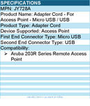 HPE JY728A Adapter Cord - For Access Point - Micro USB / USB