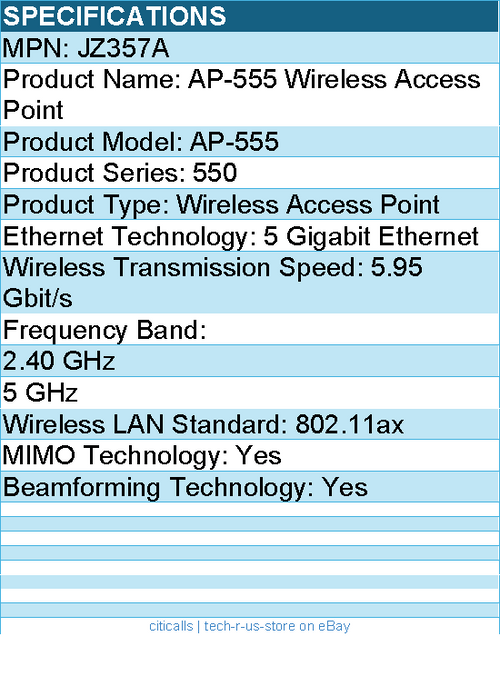 HPE JZ357A AP-555 802.11ax 5.95 Gbit/s Wireless Access Point - 2.40 GHz, 5 GHz