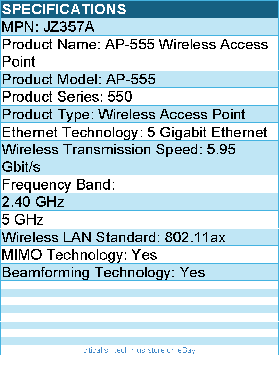HPE JZ357A AP-555 802.11ax 5.95 Gbit/s Wireless Access Point - 2.40 GHz, 5 GHz