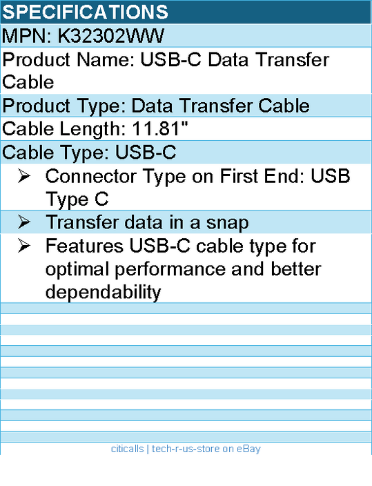 Kensington K32302WW USB-C Data Transfer Cable - 11.81" - USB Type C
