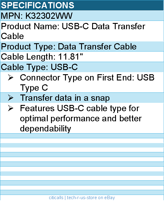 Kensington K32302WW USB-C Data Transfer Cable - 11.81" - USB Type C