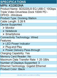 Kensington K32803NA SD3220U3 EQ USB-C 10Gbps Triple Video Driverless Dock 100W