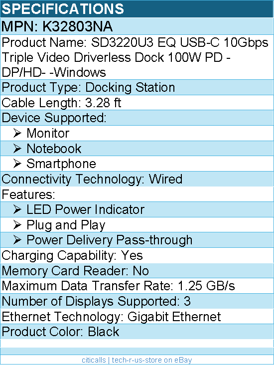 Kensington K32803NA SD3220U3 EQ USB-C 10Gbps Triple Video Driverless Dock 100W
