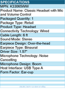 Kensington K33065WW Classic Headset with Mic and Volume Control - Stereo