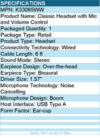 Kensington K33065WW Classic Headset with Mic and Volume Control - Stereo