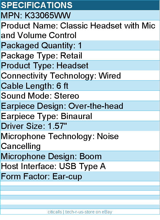 Kensington K33065WW Classic Headset with Mic and Volume Control - Stereo