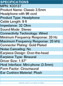 Kensington K33137 Classic 3.5mm Headphone with 9ft cord - Stereo