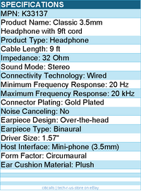 Kensington K33137 Classic 3.5mm Headphone with 9ft cord - Stereo
