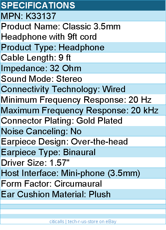 Kensington K33137 Classic 3.5mm Headphone with 9ft cord - Stereo