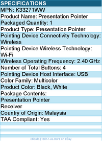 Kensington K33271WW Presentation Pointer - Wi-Fi - 2.40 GHz - Black, White