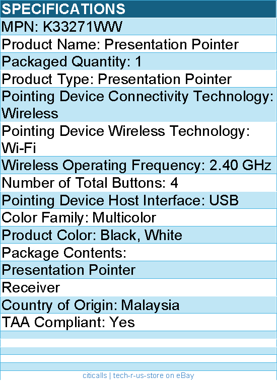 Kensington K33271WW Presentation Pointer - Wi-Fi - 2.40 GHz - Black, White