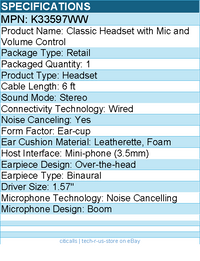 Kensington K33597WW Classic Headset with Mic and Volume Control - Stereo