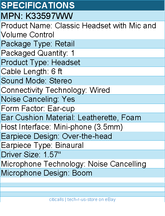 Kensington K33597WW Classic Headset with Mic and Volume Control - Stereo