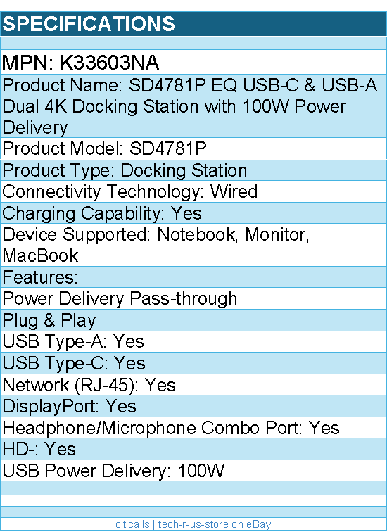 Kensington K33603NA SD4781P EQ USB-C & USB-A Dual 4K Docking Station